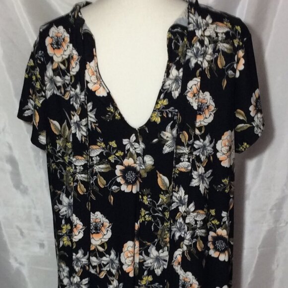 Sauci Women Black Floral Multi- Color Flare Dress Size L Short Sleeve Pullover - Picture 7 of 9